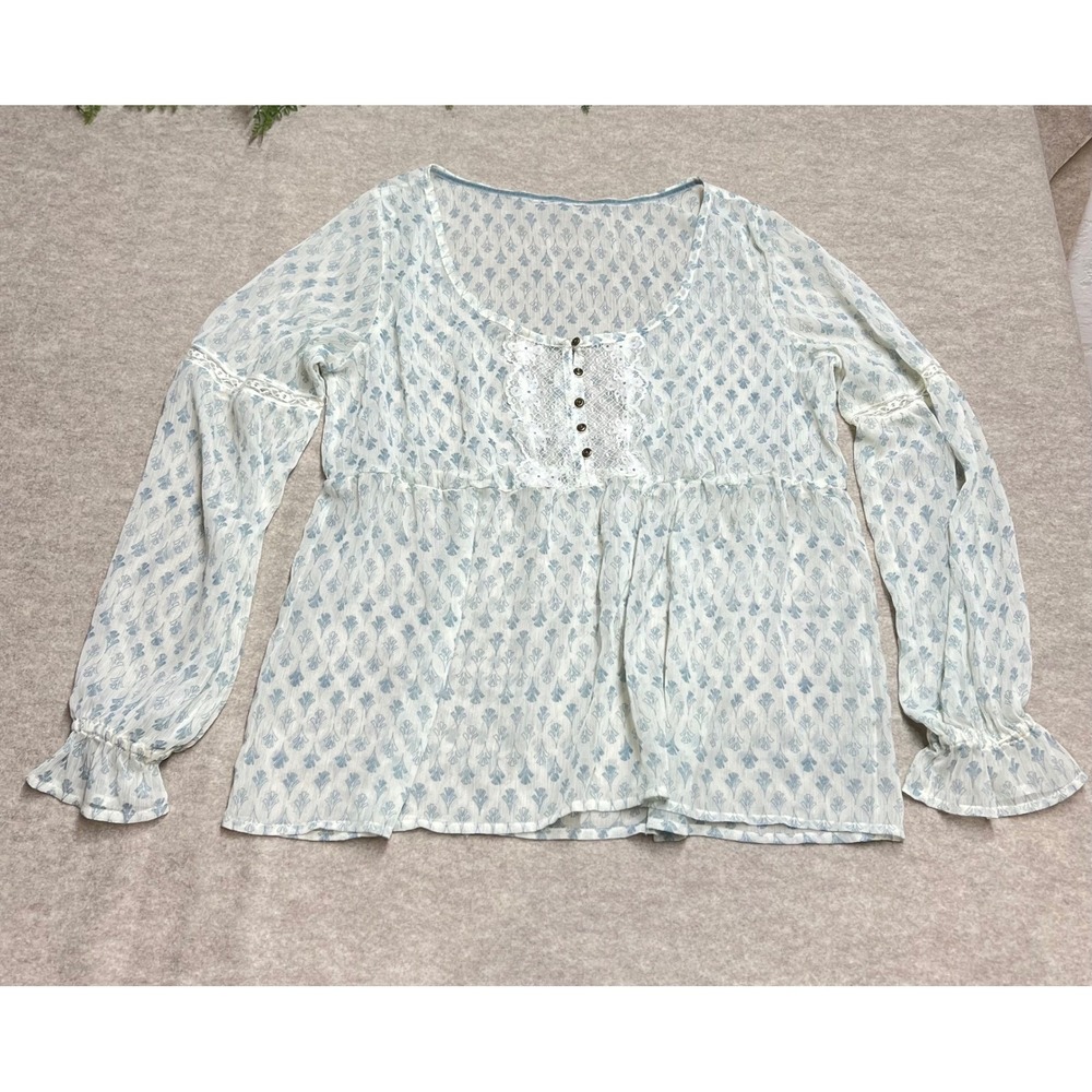 Boho Cottagecore Prairie Fairy Floral‎ Lace Trim Babydoll Blouse Sheer EUC